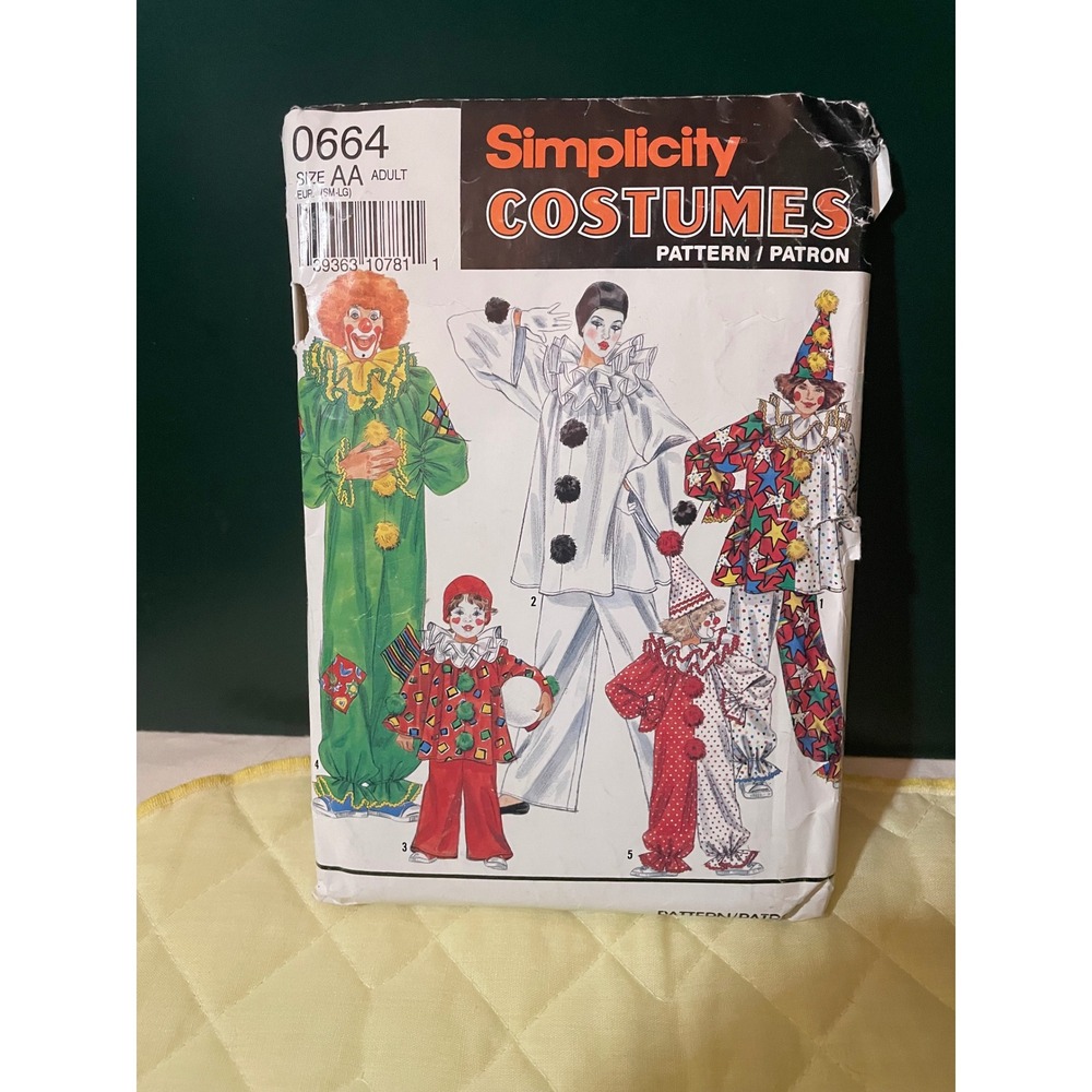 Simplicity 0664 Vintage Clown Costume Sewing Pattern Adult Child Size AA 9806